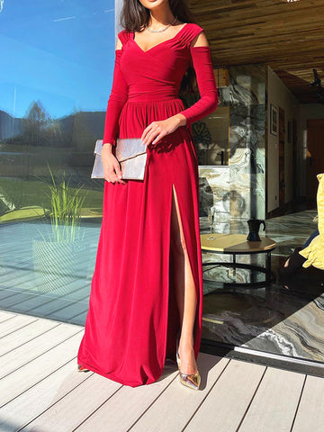 Woochic robe  longue fendu le côté mode de soirée rouge